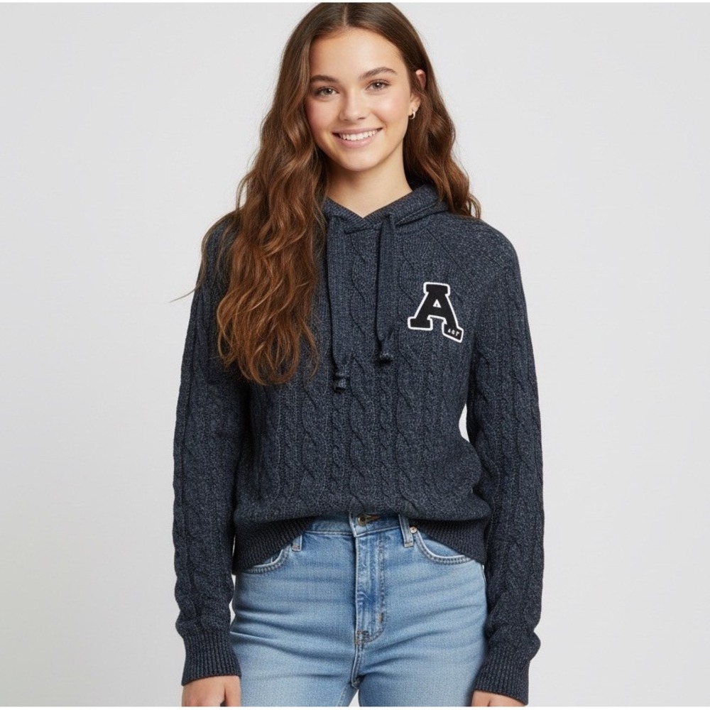 Abercrombie Fitch Sweater Womens Navy Hoodie Varsity Logo Cable Knit Size XXS